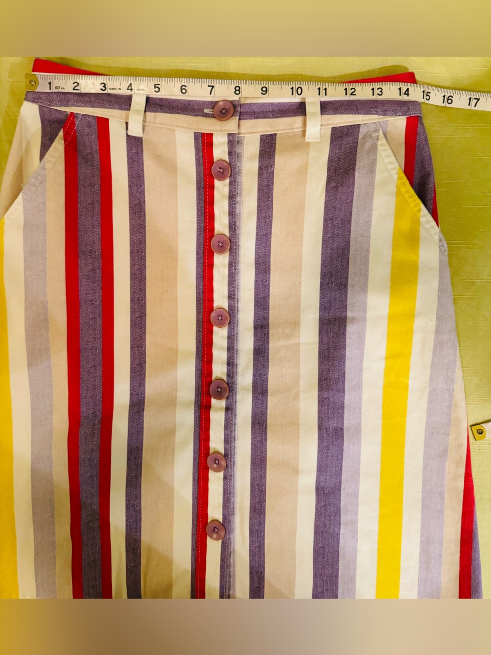 Anthropologie Striped Button-Front Skirt in Red, Purple, Yellow & Cream - Picture 3 of 6